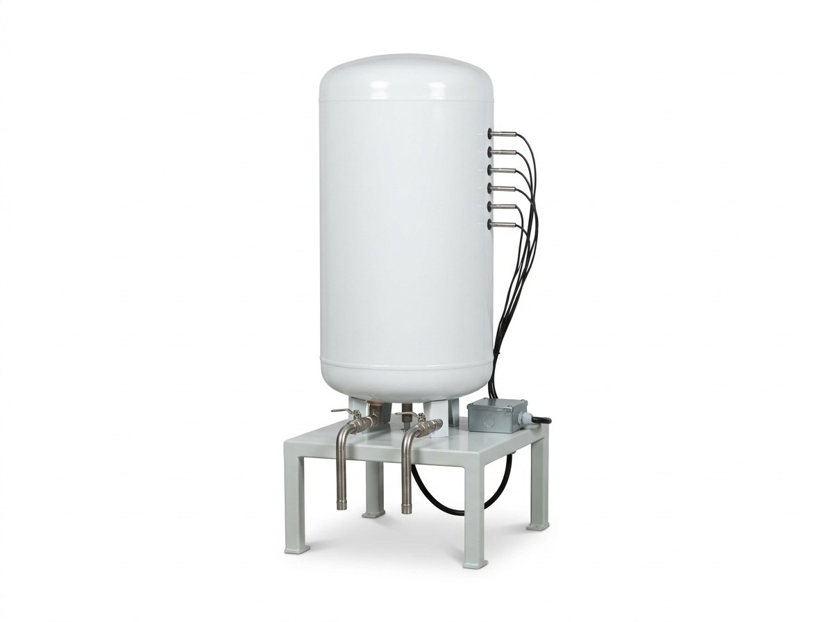 One electric storage water heater set up for testing on a plain white studio background: a plain white enamelled cylinder on a small pale grey steel stand, two stainless steel pipes with short valves at its base, a vertical row of six thin black cables with small stainless probe sleeves entering its side at different heights, and a short cable to a small grey junction box on the stand, and no people