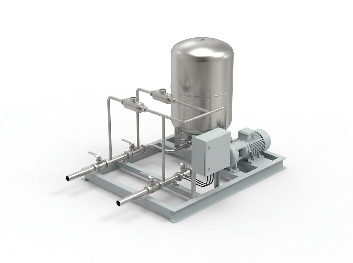 A conditioned water supply and metering skid on a plain white studio background: a low pale grey steel skid frame holding a stainless steel cylindrical supply vessel, a pump with a grey electric motor, a grey junction box, and a run of thin stainless pipes carrying two small stainless flow meter bodies and three valves to two open pipe ends at the front, and no people