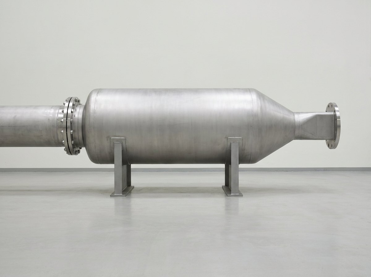 A single settling chamber assembly: a large horizontal brushed stainless vessel on two grey saddle supports, a large pipe entering one end through a flange and a smooth cone narrowing at the other end into a short rectangular nozzle block with a bolted flange face, and no people
