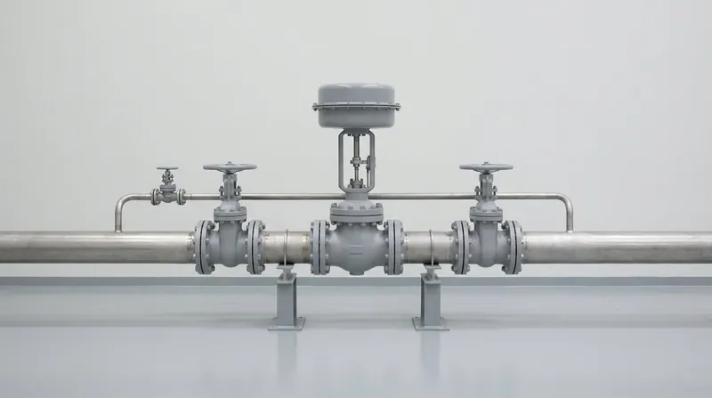 A regulating valve station standing on a test hall floor: a large flanged control valve with a plain round grey actuator drum on a slim yoke, installed in a straight run of large stainless pipe with a plain isolation valve and handwheel on each side and a smaller bypass pipe looping around all three, and no people
