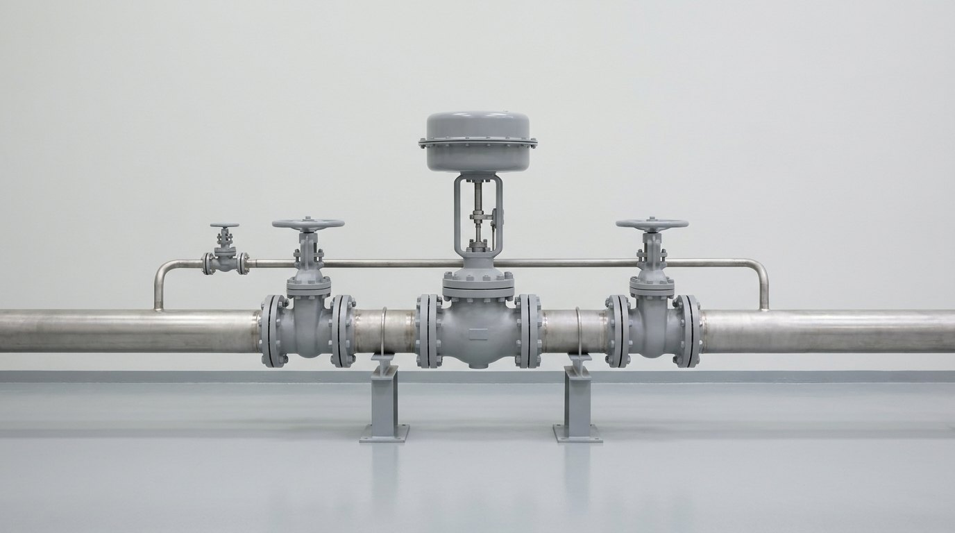 A regulating valve station standing on a test hall floor: a large flanged control valve with a plain round grey actuator drum on a slim yoke, installed in a straight run of large stainless pipe with a plain isolation valve and handwheel on each side and a smaller bypass pipe looping around all three, and no people