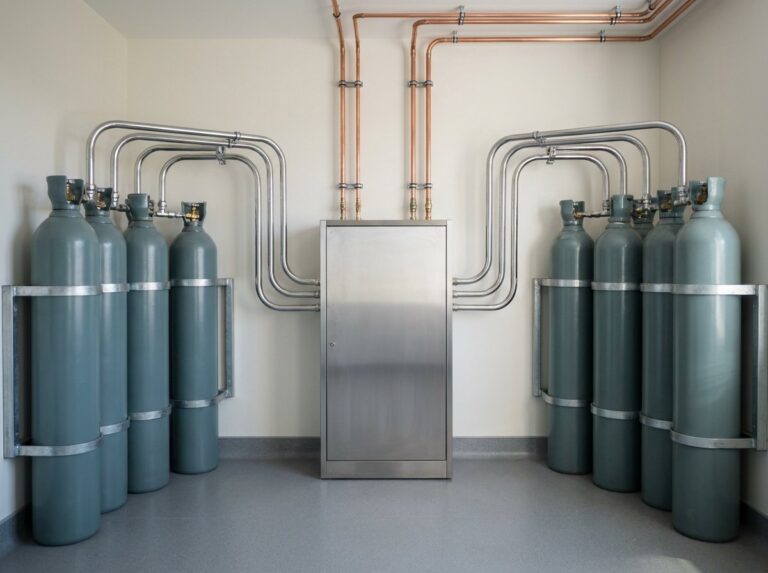 Neometrix medical gas pipeline system manifold room with triple-source supply and zone isolation to ISO 7396-1