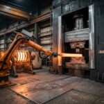 Neometrix vertical nosing press hot-forging cell with induction heating and robotic handling