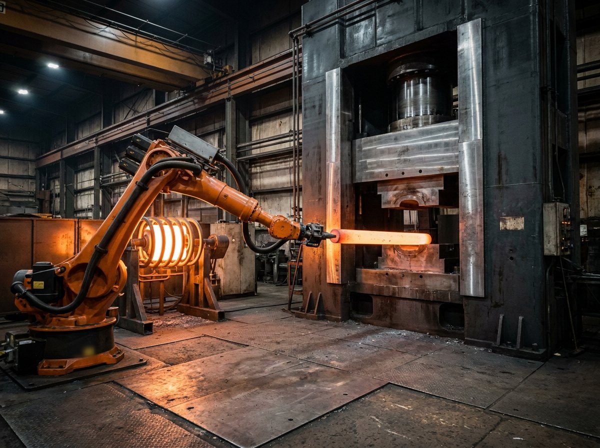 Neometrix vertical nosing press hot-forging cell with induction heating and robotic handling
