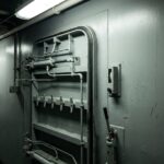 Hydraulically operated watertight door on a naval vessel deck