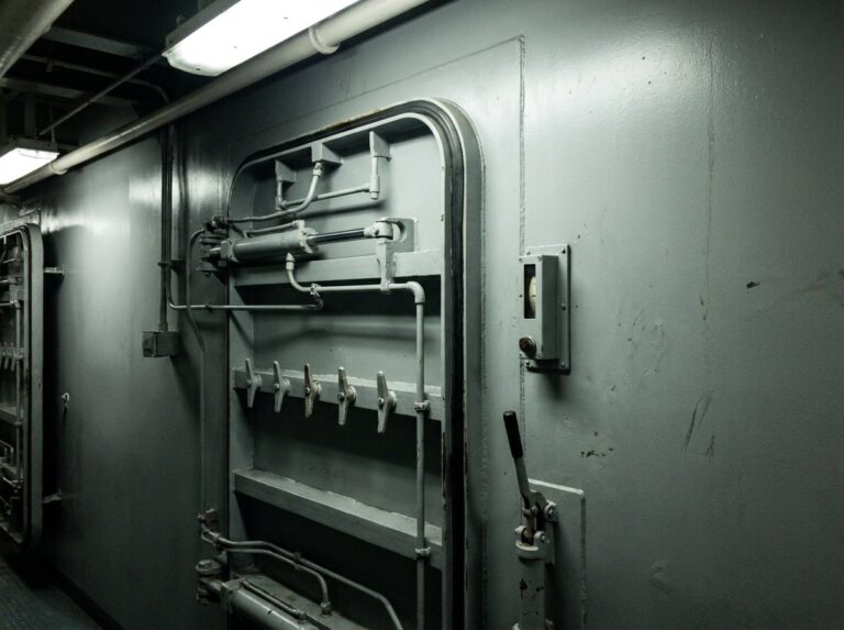 Hydraulically operated watertight door on a naval vessel deck