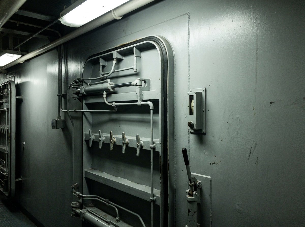 Hydraulically operated watertight door on a naval vessel deck