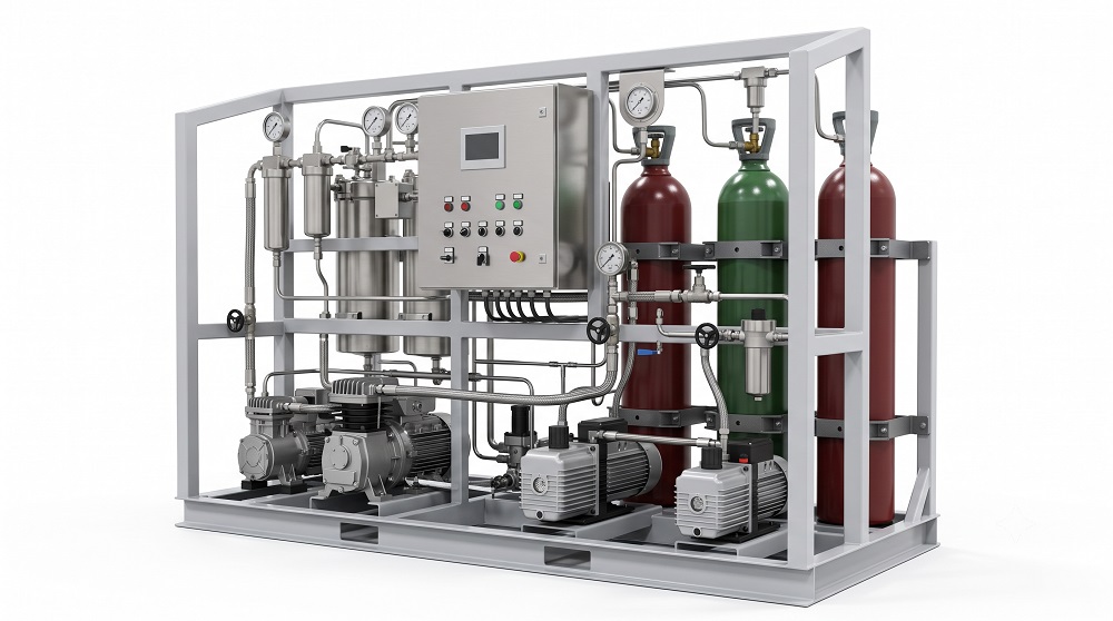 Neometrix Halon Reclamation and Refilling Facility recovery skid with cylinders and control panel