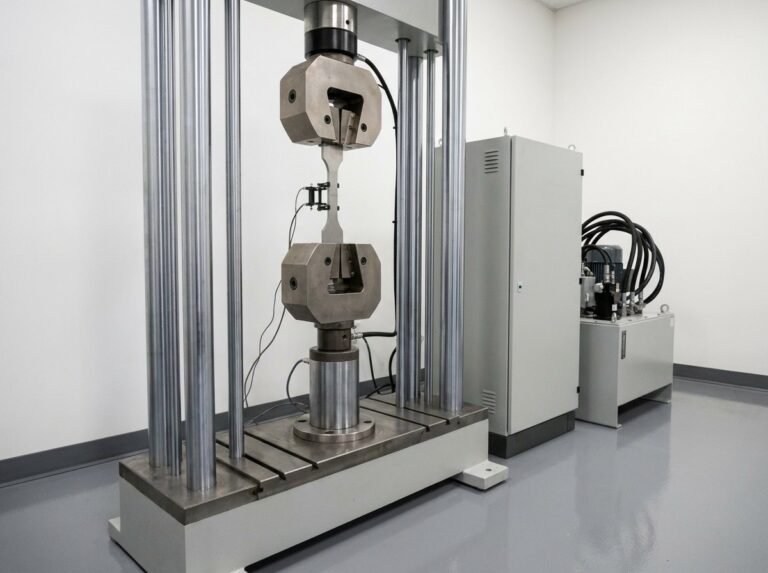 Servo-hydraulic fatigue test frame with specimen in hydraulic grips