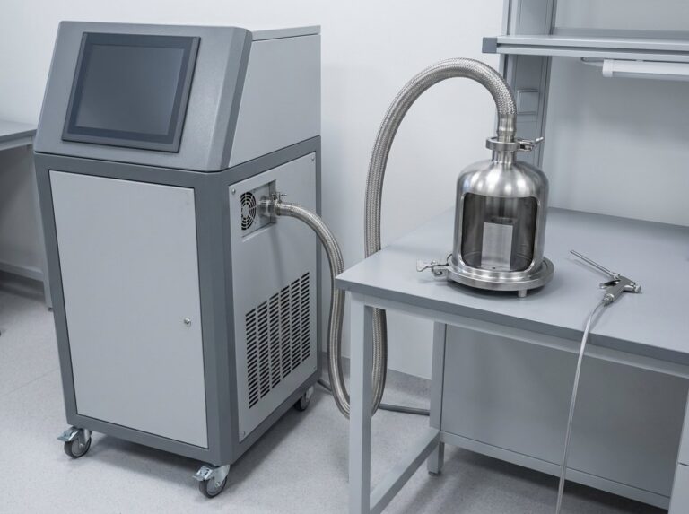 Helium mass-spectrometer leak detector connected to a vacuum test chamber