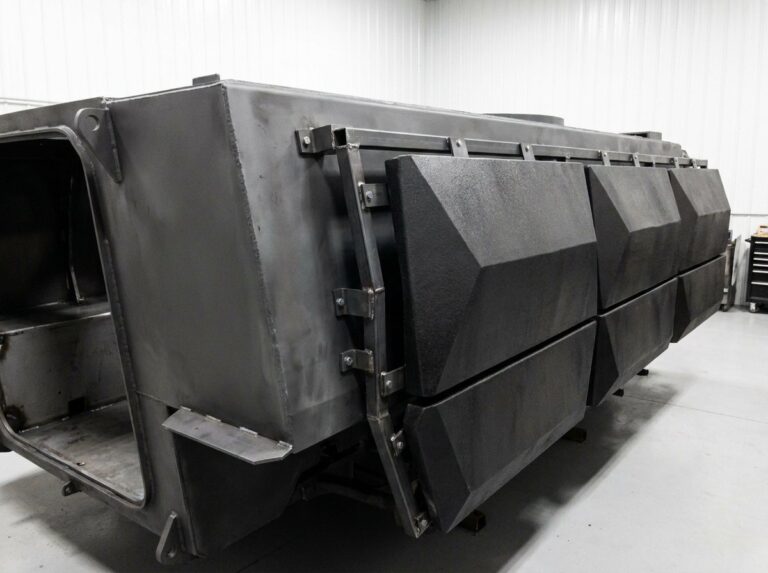Modular bolt-on ballistic armour panels showing strike face, composite backing and spall liner