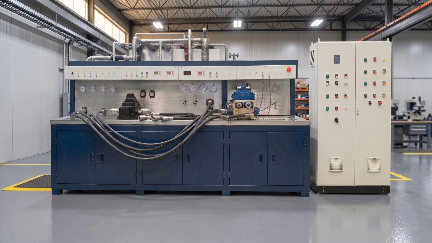 Universal hydraulic test rig piping and tubing layout showing fluid flow routing
