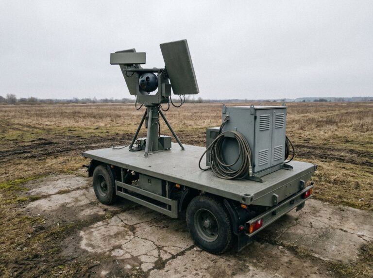 Mobile counter-drone platform carrying radar, RF and electro-optical sensors on a stabilised mount
