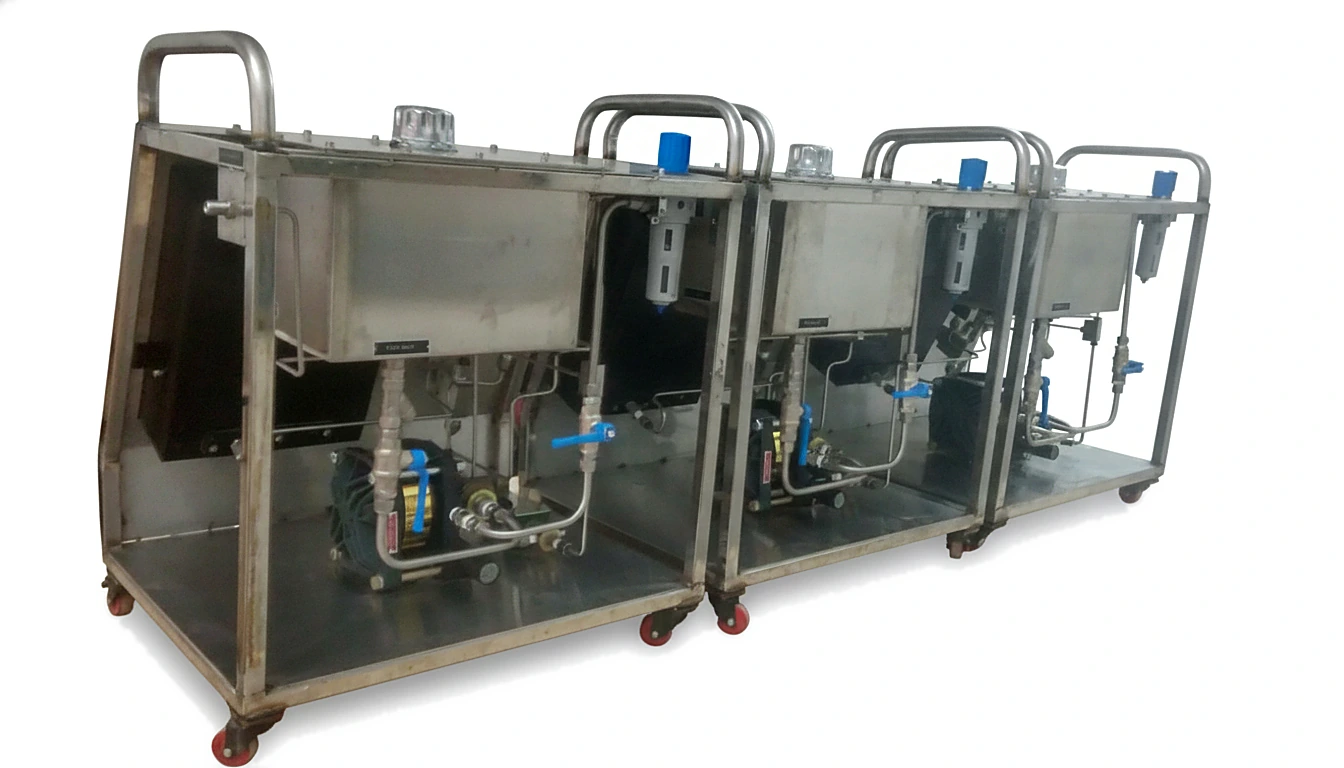 Stainless steel hydraulic test pac units on castor-mounted trolley frames